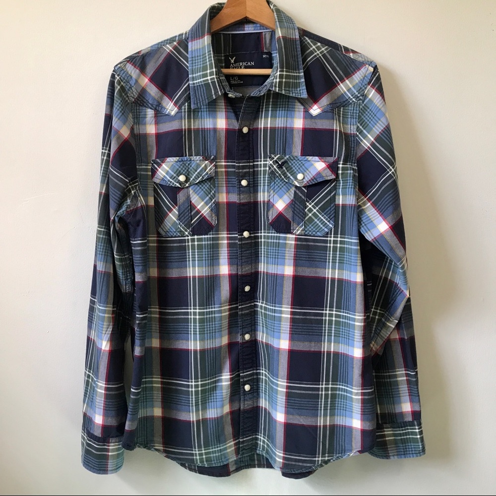 American Eagle Plaid Long Sleeve Button Up Shirt, Size L